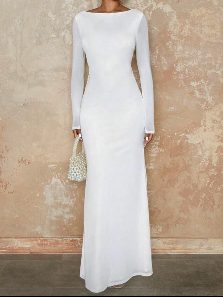Elegant White Long Sleeve Maxi Dress - Minimalist Evening Gown